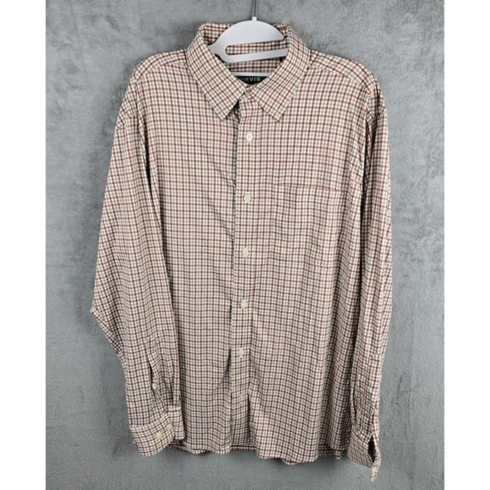 Orvis Active Fit Mens Large Brown Tan Check Nylon Stretch Long Sleeve Shirt